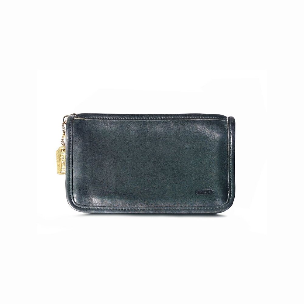 Vtg 1980s COACH Green Leather SKINNY CASE Make-Up Kit Zipper Pouch RARE #7170